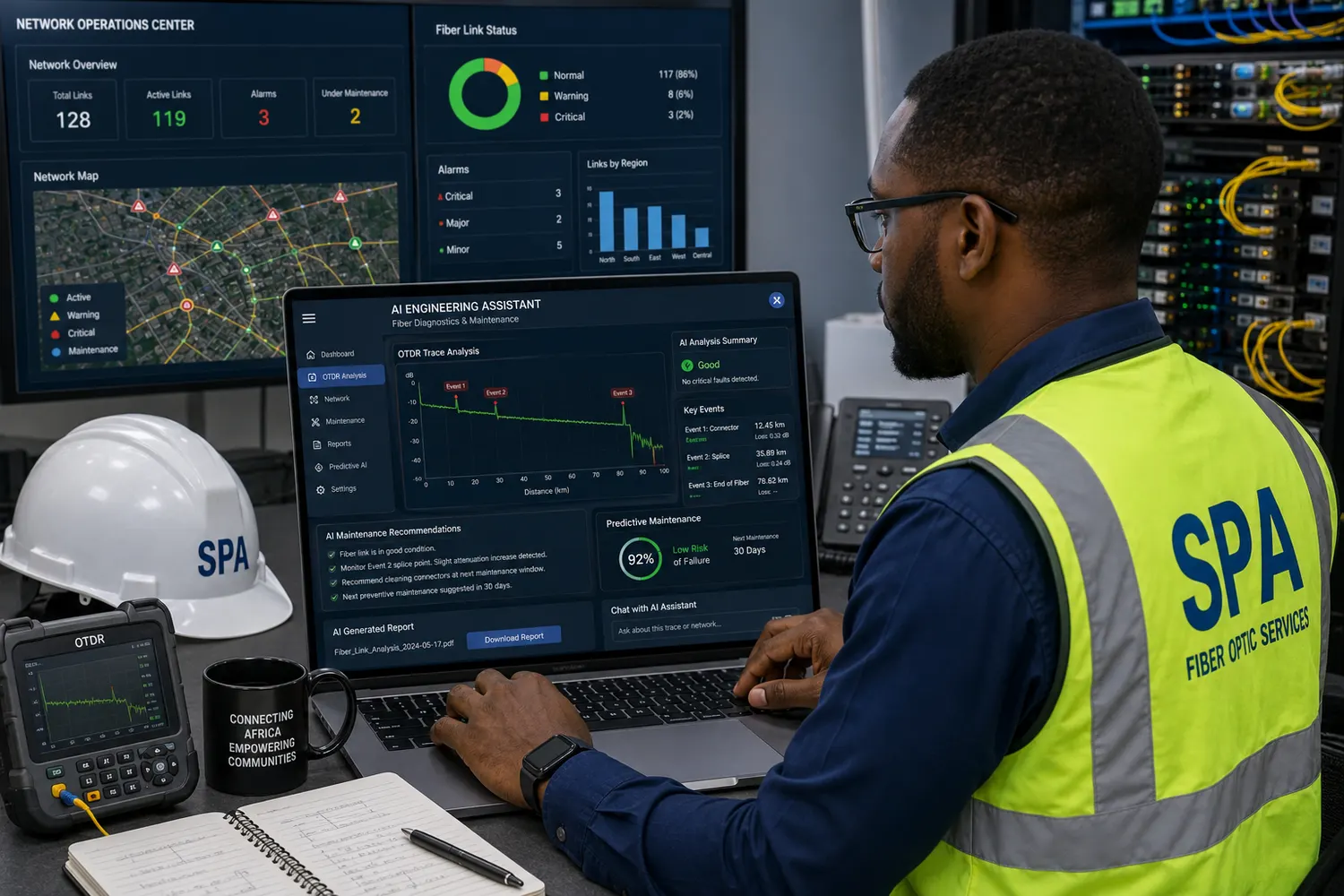 AI-assisted OTDR trace analysis on an engineering workstation