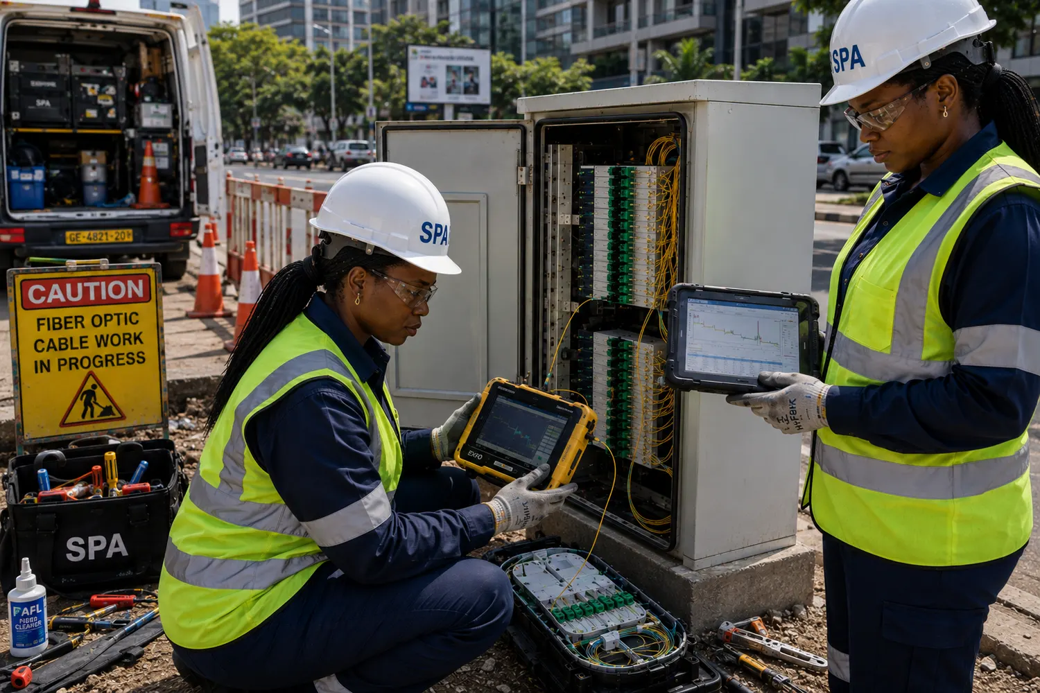 Technician recording field evidence on a tablet at a street cabinet