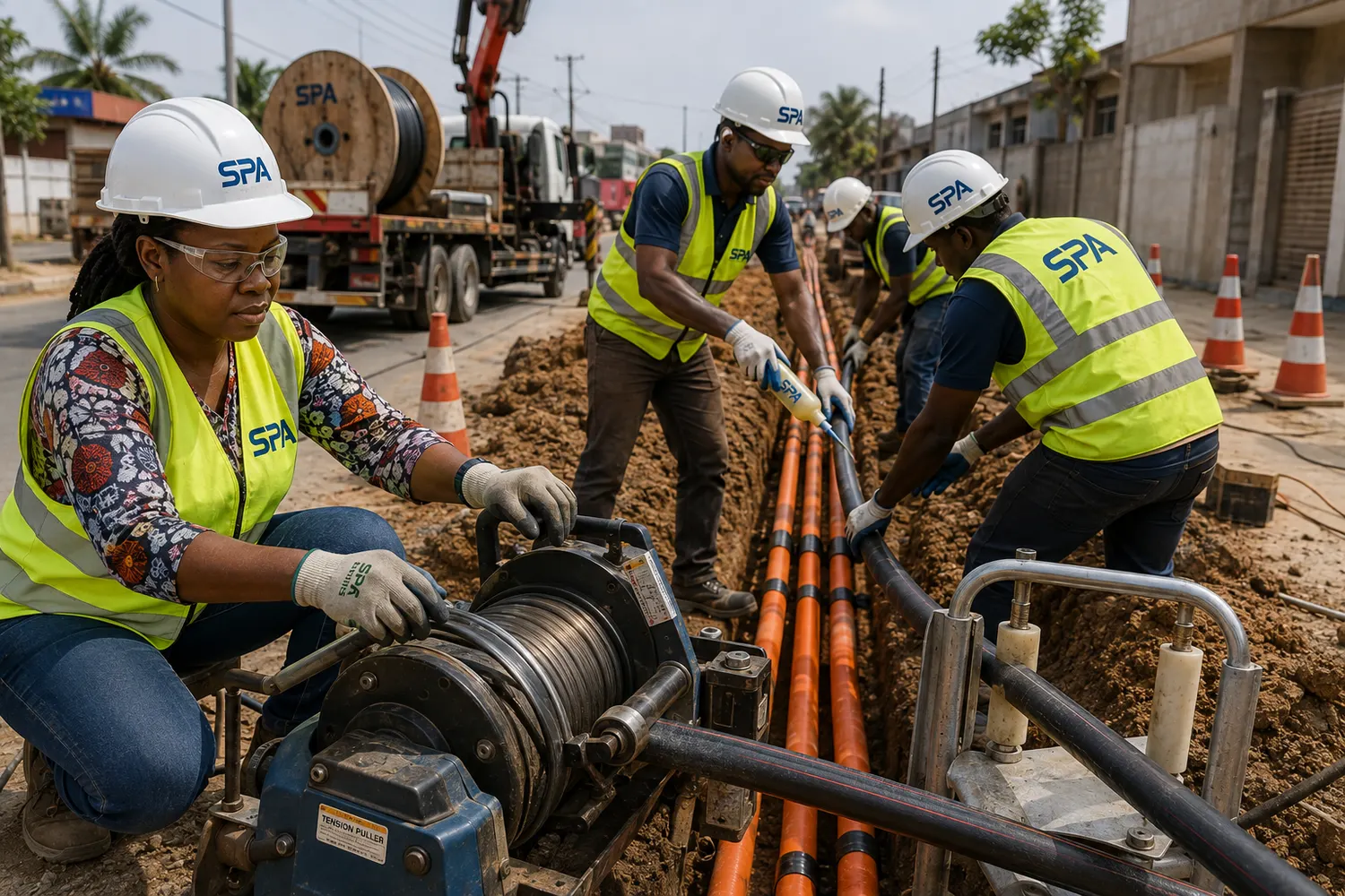 Crew operating a cable pulling winch over an open trench