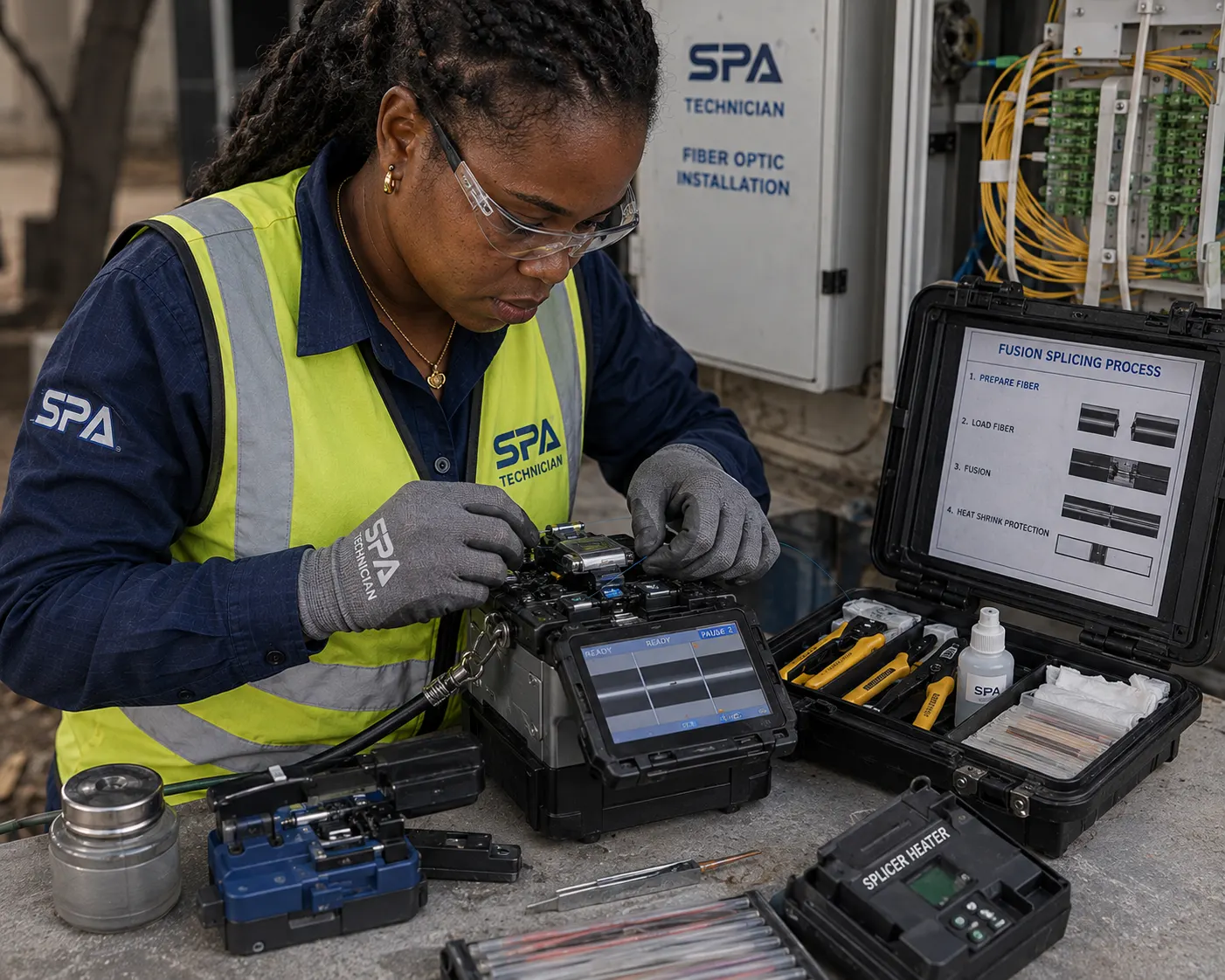 Technician running the fusion splicing process from a field splicing kit