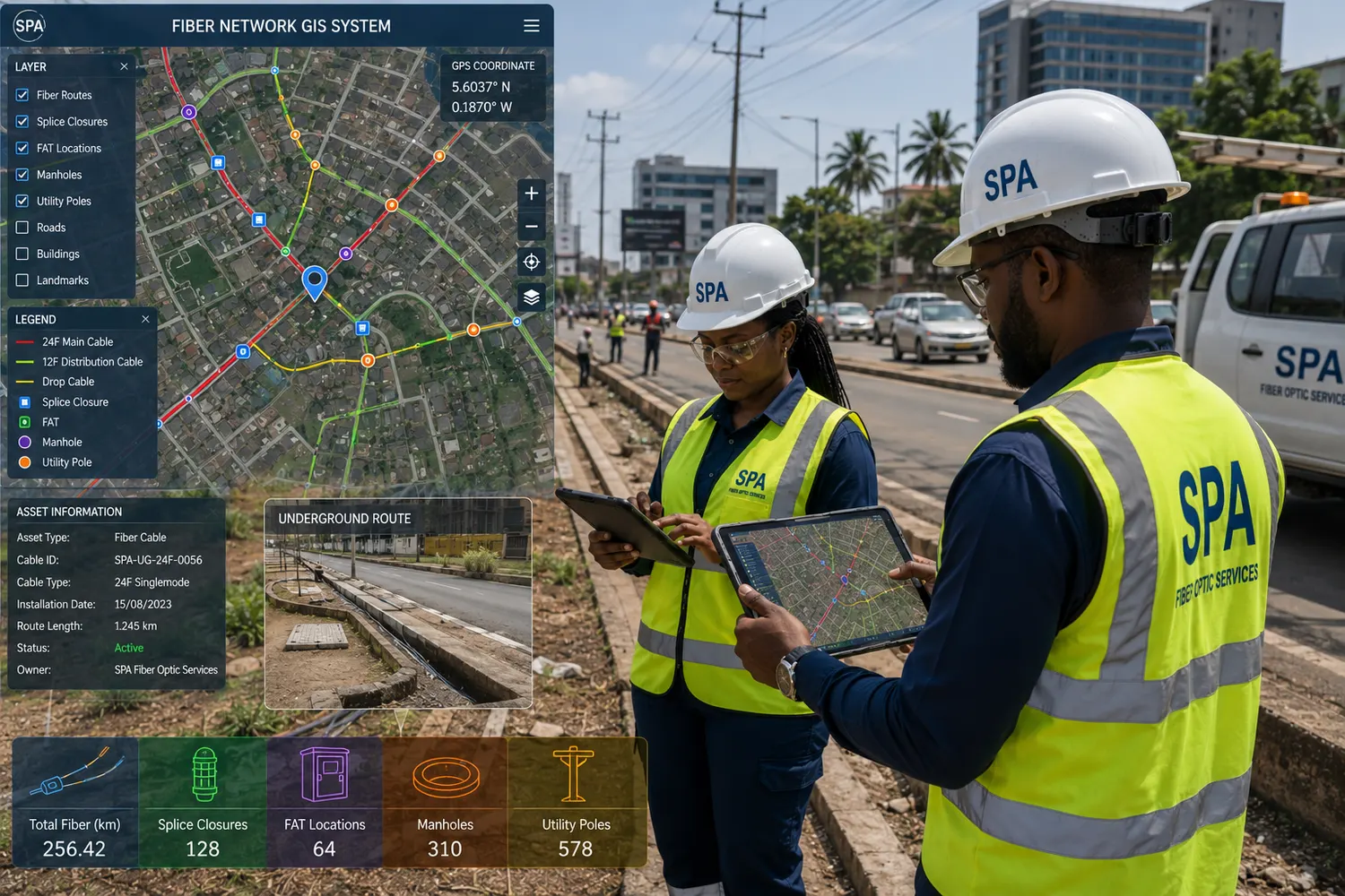 Field team reviewing the network GIS system on a tablet