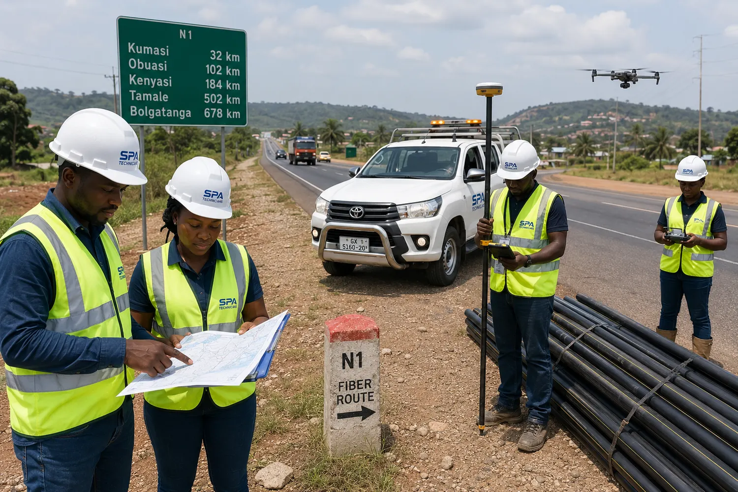 Aerial view of a fibre route survey following a highway corridor