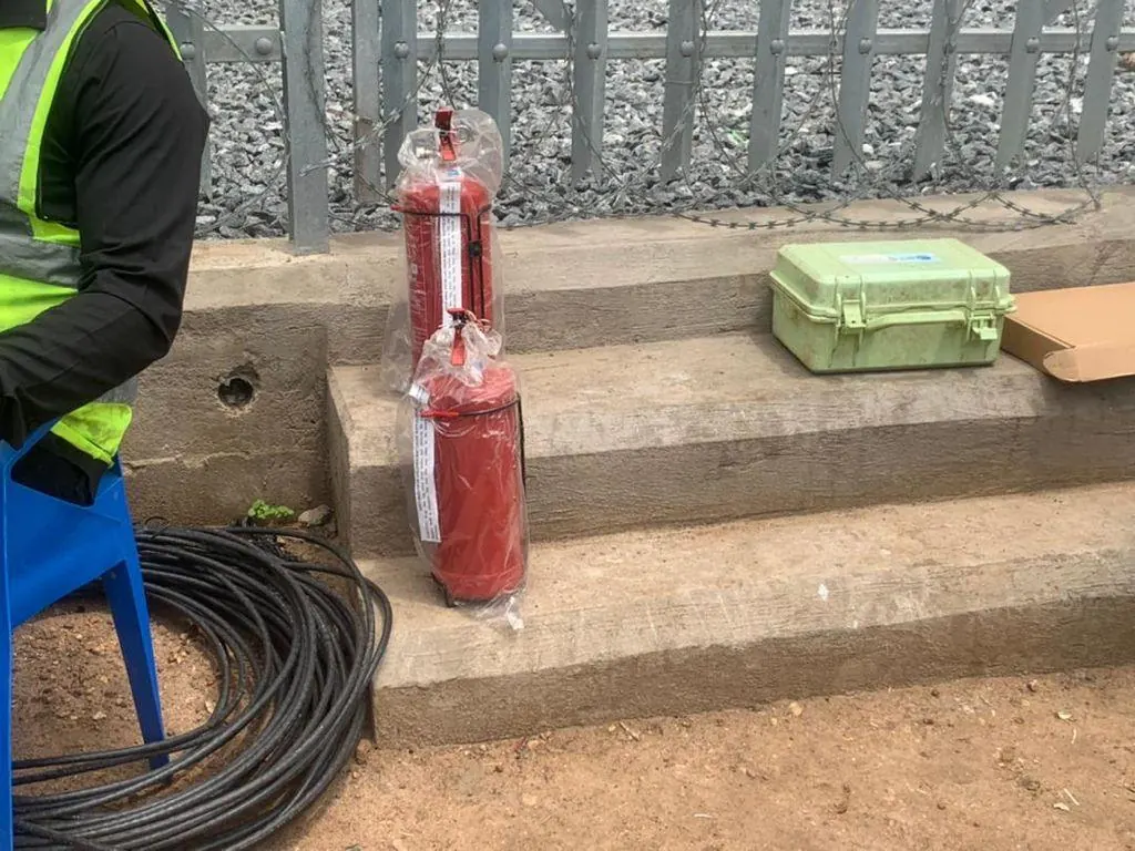 Fire extinguisher and emergency equipment staged for training