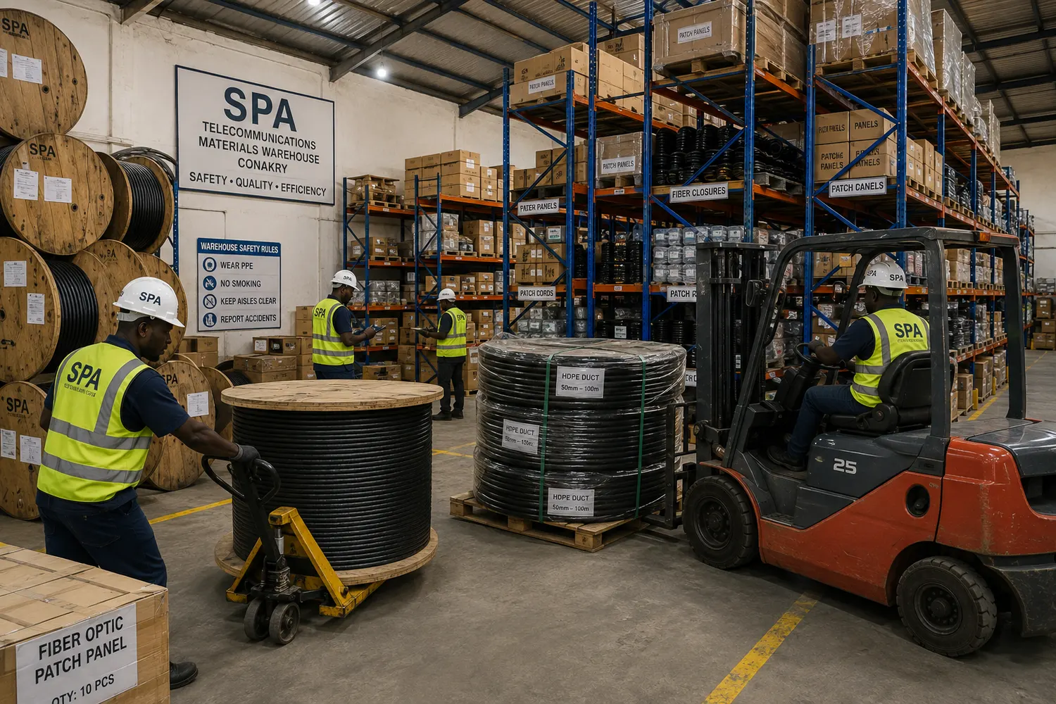 Crew moving cable drums and HDPE duct by forklift in the Conakry materials warehouse