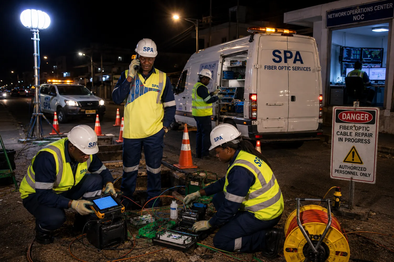 Night-time emergency cable repair under floodlight