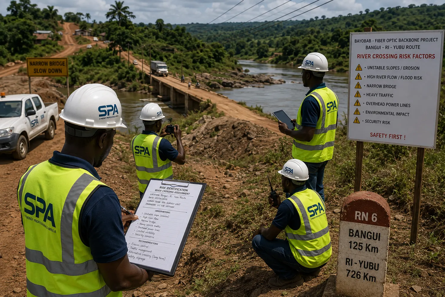 Engineers assessing a river crossing on a fibre route