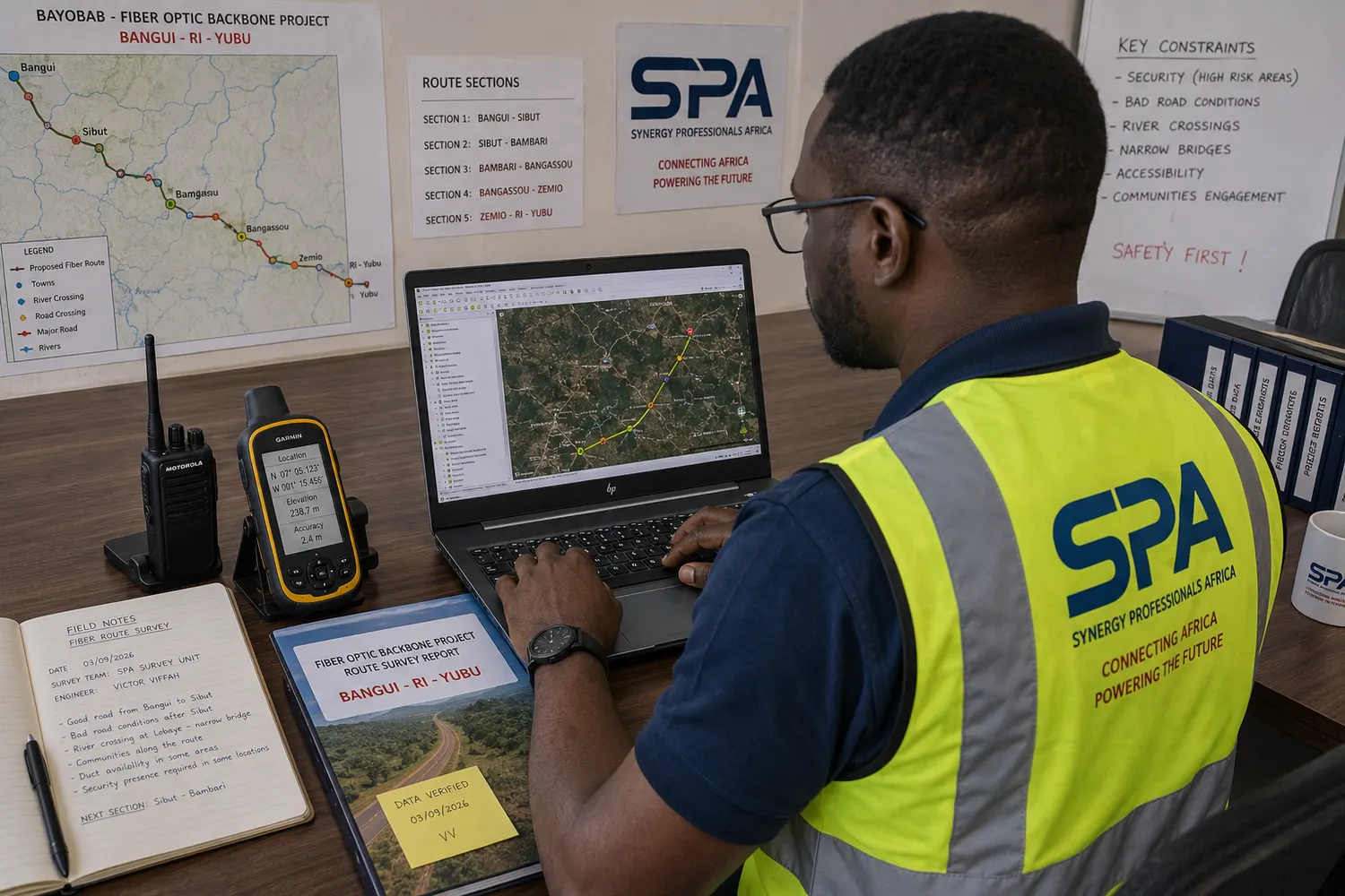 Engineer planning the backbone route on a mapping workstation