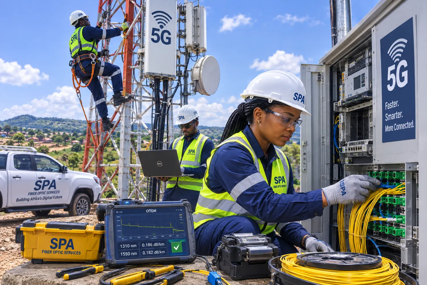 Engineers patching fibre into a 5G site cabinet while a rigger works on the mast