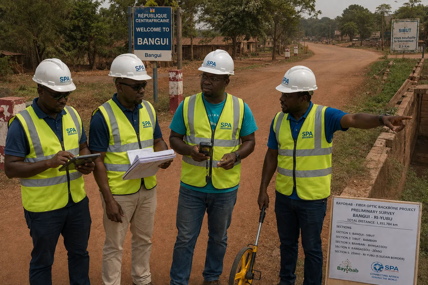 Survey team reviewing the backbone route at a roadside marker in Bangui