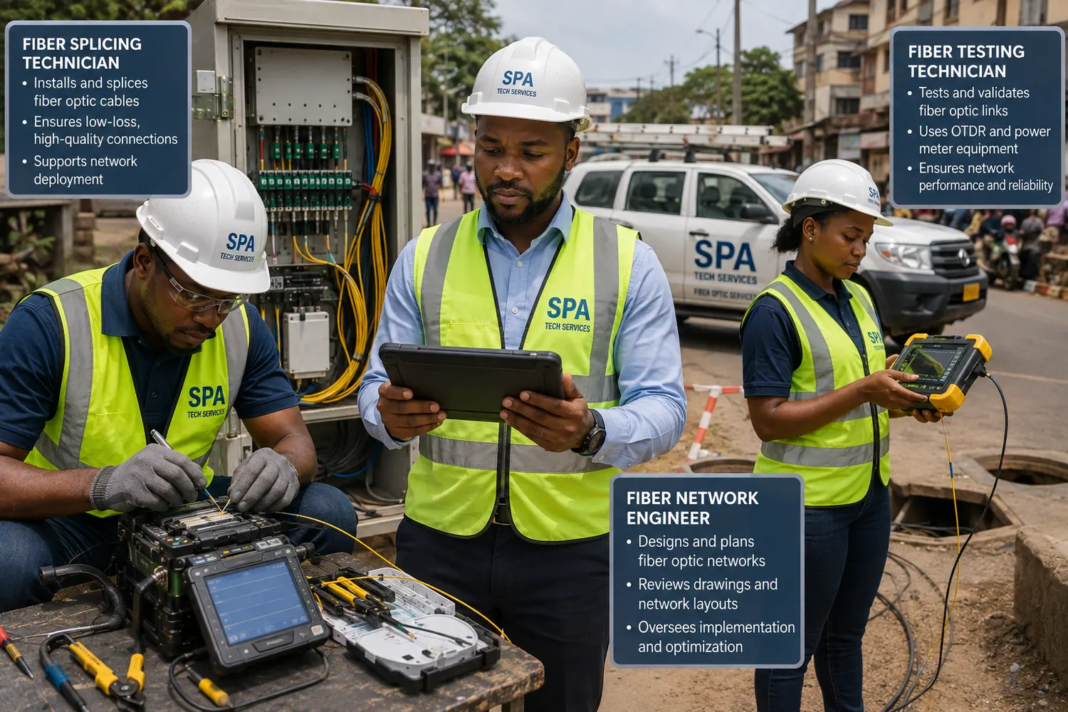 Field technicians on site during a project briefing