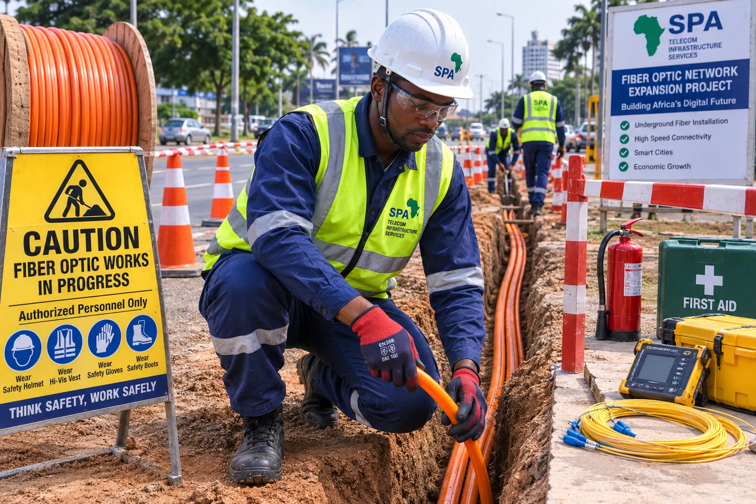Technician laying duct in a guarded roadside trench beside fibre works warning signage