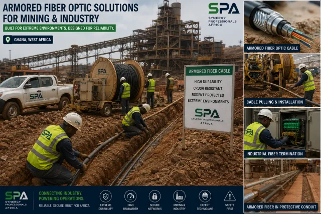 SPA technicians laying armoured fibre optic cable in a trench at a mining processing plant in Ghana