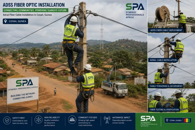Two SPA technicians in safety harnesses installing aerial fibre cable on a concrete pole above a town in Coyah, Guinea