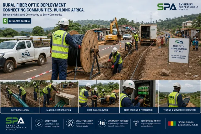 An SPA crew laying fibre cable from a drum into a roadside trench in a rural Guinean town, with an excavator and a fibre optic infrastructure project sign