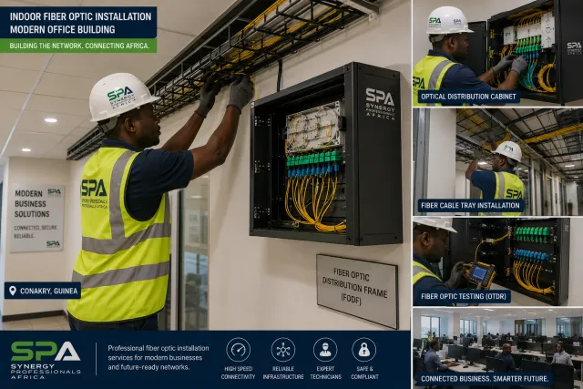 An SPA technician routing yellow fibre cables along a ceiling cable tray beside a wall-mounted fibre optic distribution frame in a Conakry office