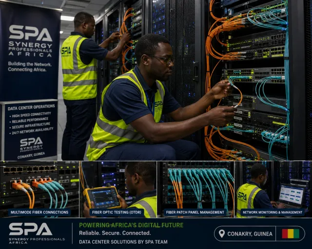 SPA engineers patching orange and aqua fibre cables into network equipment racks in a data centre in Conakry