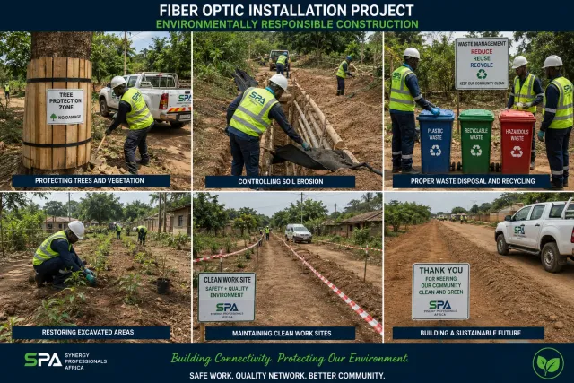 Six scenes of environmentally responsible fibre construction: tree protection, erosion control, waste sorting, replanting, a clean work site and a community thank-you sign