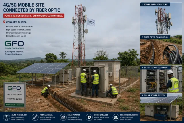 Engineers working at the equipment cabinets of a 4G/5G tower site in Conakry, with a solar array beside them and fibre cable laid in an open trench