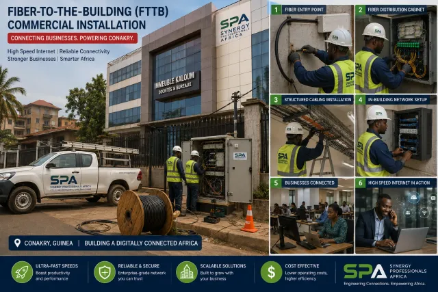 SPA technicians working at a street fibre cabinet outside a commercial office building in Conakry, with an SPA pickup truck and a cable drum