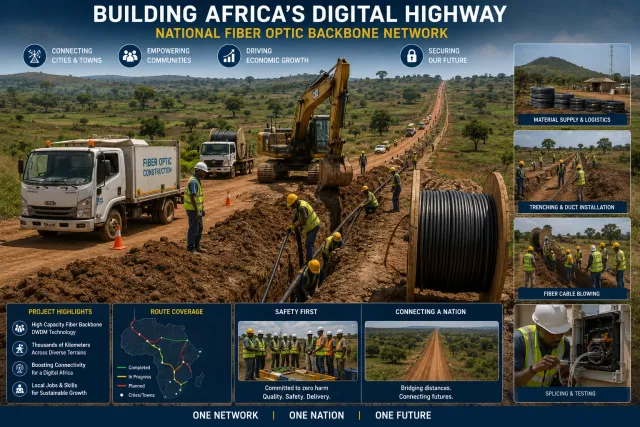 A fibre optic construction crew laying duct in a long trench beside a rural highway, with an excavator, cable drums and supply trucks