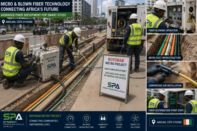 SPA technicians operating a fibre blowing machine beside micro ducts laid along a busy road in Abidjan, next to a Boyobab Metro Project sign