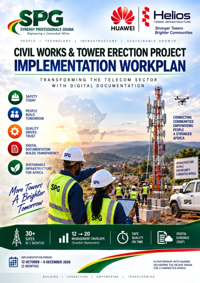 Poster for the civil works and tower erection project implementation workplan: SPG engineers with a tablet in front of a telecom tower under construction, with Huawei and Helios Towers logos