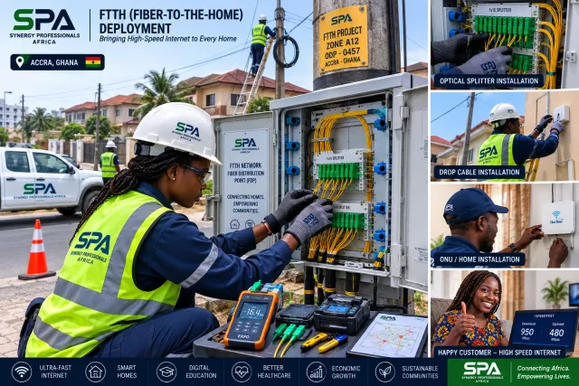 An SPA engineer splicing fibre inside an FTTH fibre distribution point cabinet on a residential street in Accra