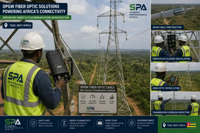 An SPA engineer mounting a fibre splice closure on a transmission tower above a high-voltage corridor in Togo
