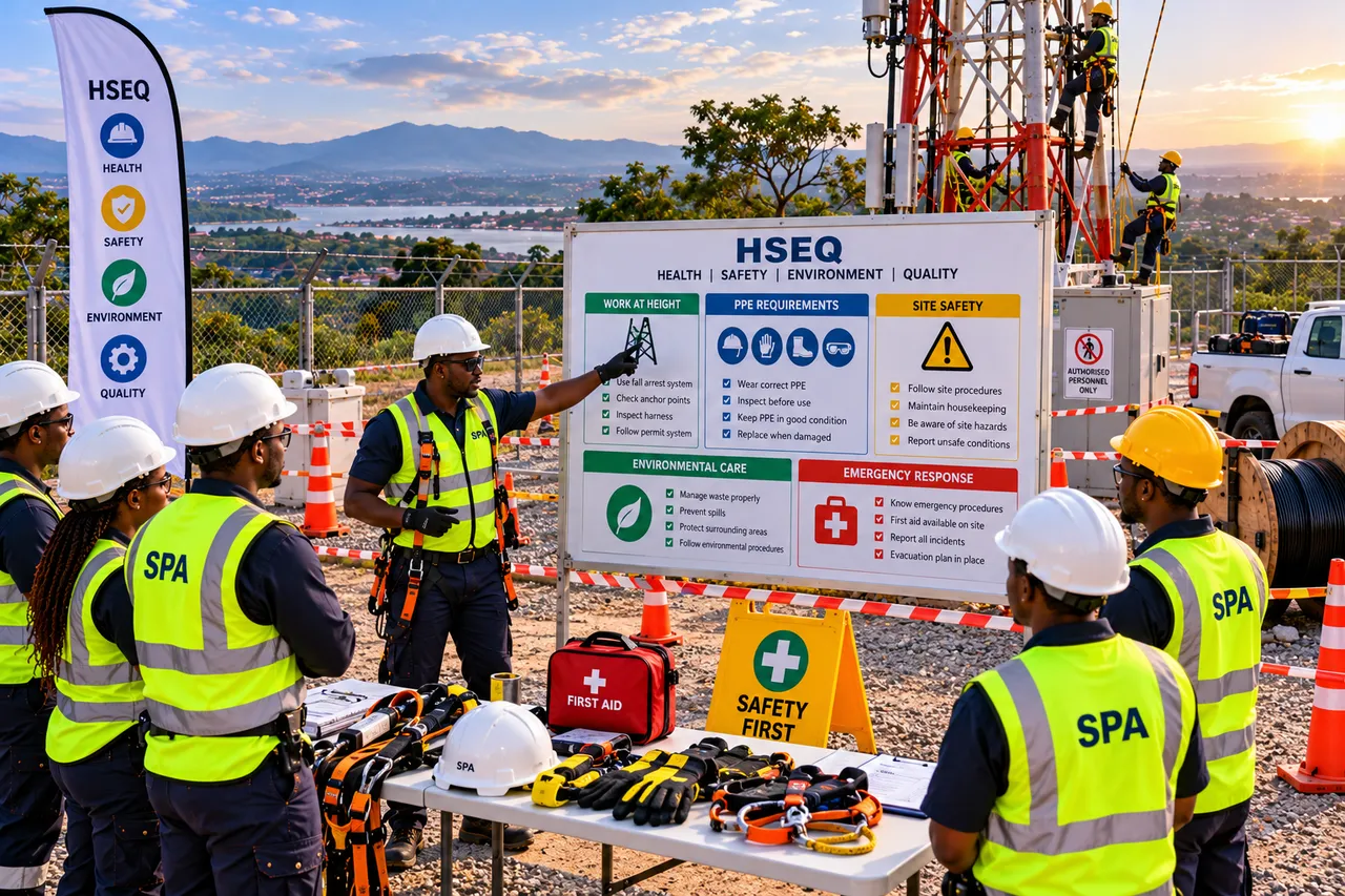 Site crew in full PPE beside the project safety signage board