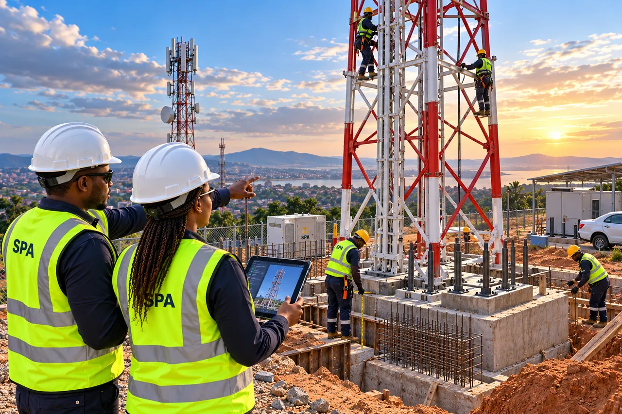 Greenfield tower site under construction with lattice mast and blockwork